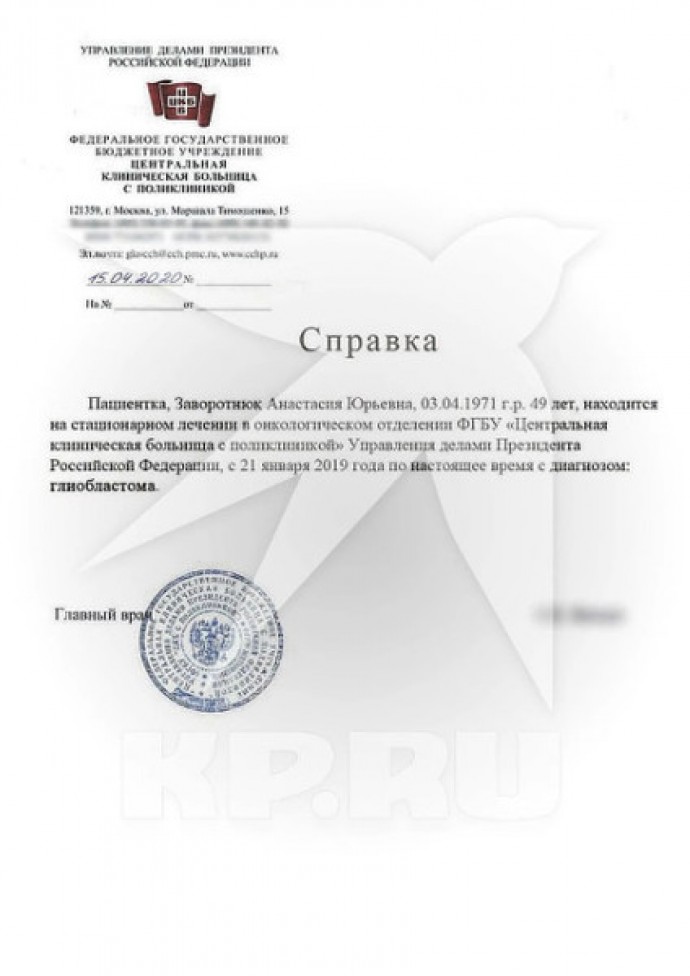 Опубликован первый официальный документ, подтверждающий диагноз Анастасии Заворотнюк