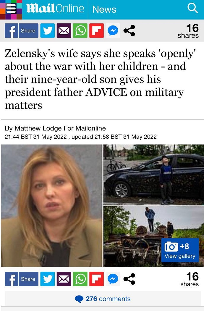 Жена Владимира Зеленского в Англии призналась, что советы по военной стратегии мужу дает их 9-летний сын